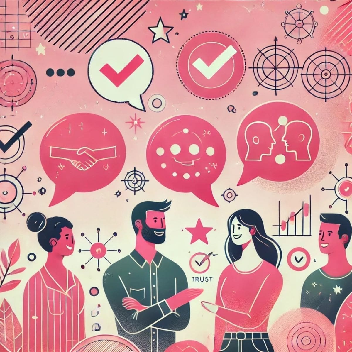 illustration of people and testimonials, representing trust, collaboration, and communication in a business